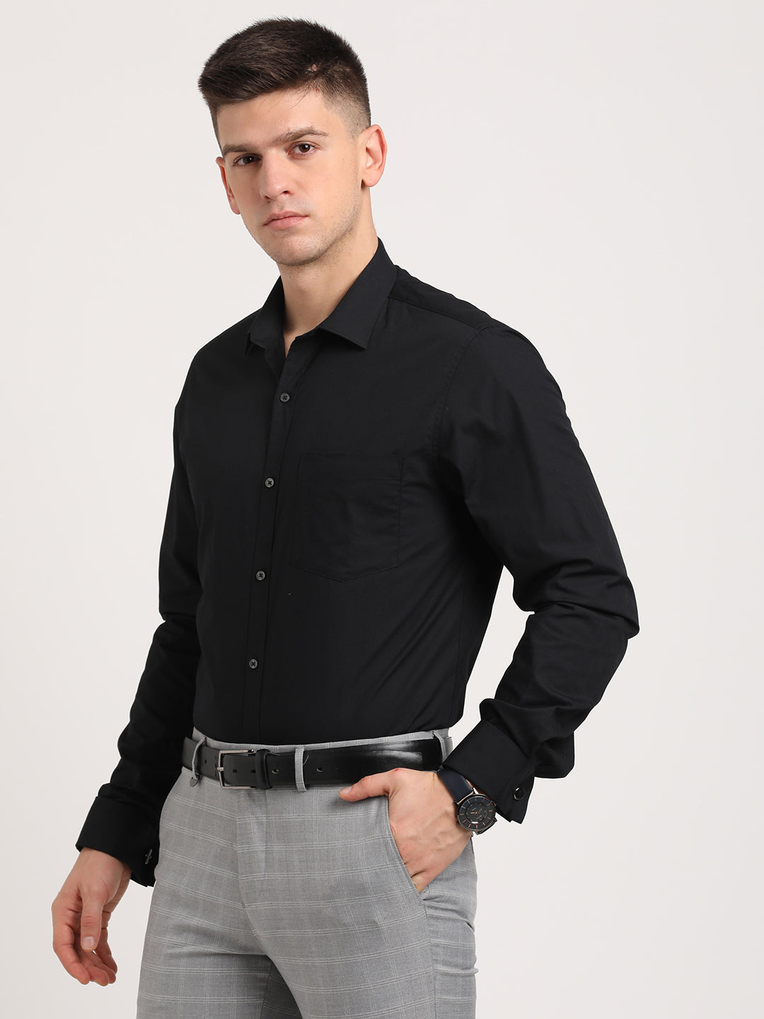 100% Cotton Black Plain Slim Fit Double Cuff Formal Shirt