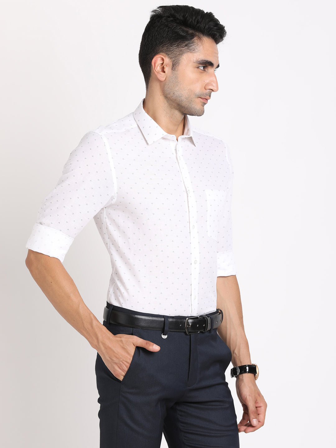 Cotton Linen White Printed Slim Fit Full Sleeve Formal Shirt