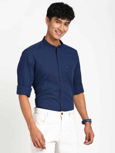 Cotton Linen Navy Blue Plain Slim Fit Full Sleeve Casual Shirt