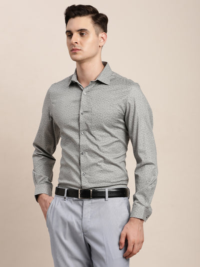 100% Cotton Grey Printed Slim Fit Full Sleeve Formal Shirt