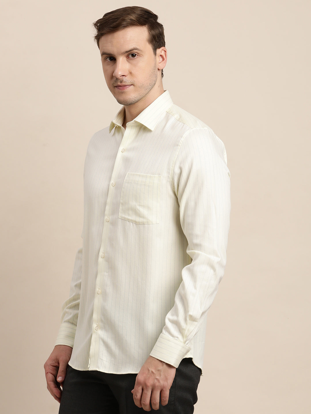 100% Cotton Cream Striped Slim Fit Full Sleeve Formal Shirt