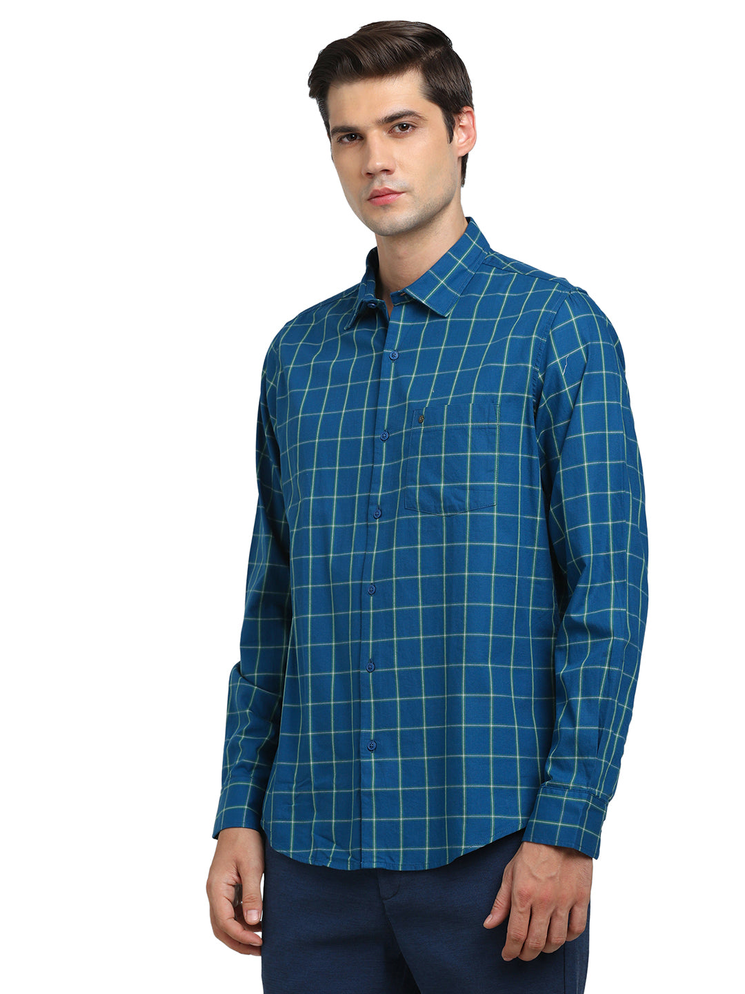 100% Cotton Teal Blue Checkered Slim Fit Full Sleeve Casual Shirt