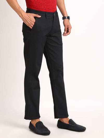 Cotton Stretch Black Printed Ultra Slim Fit Flat Front Casual Trouser