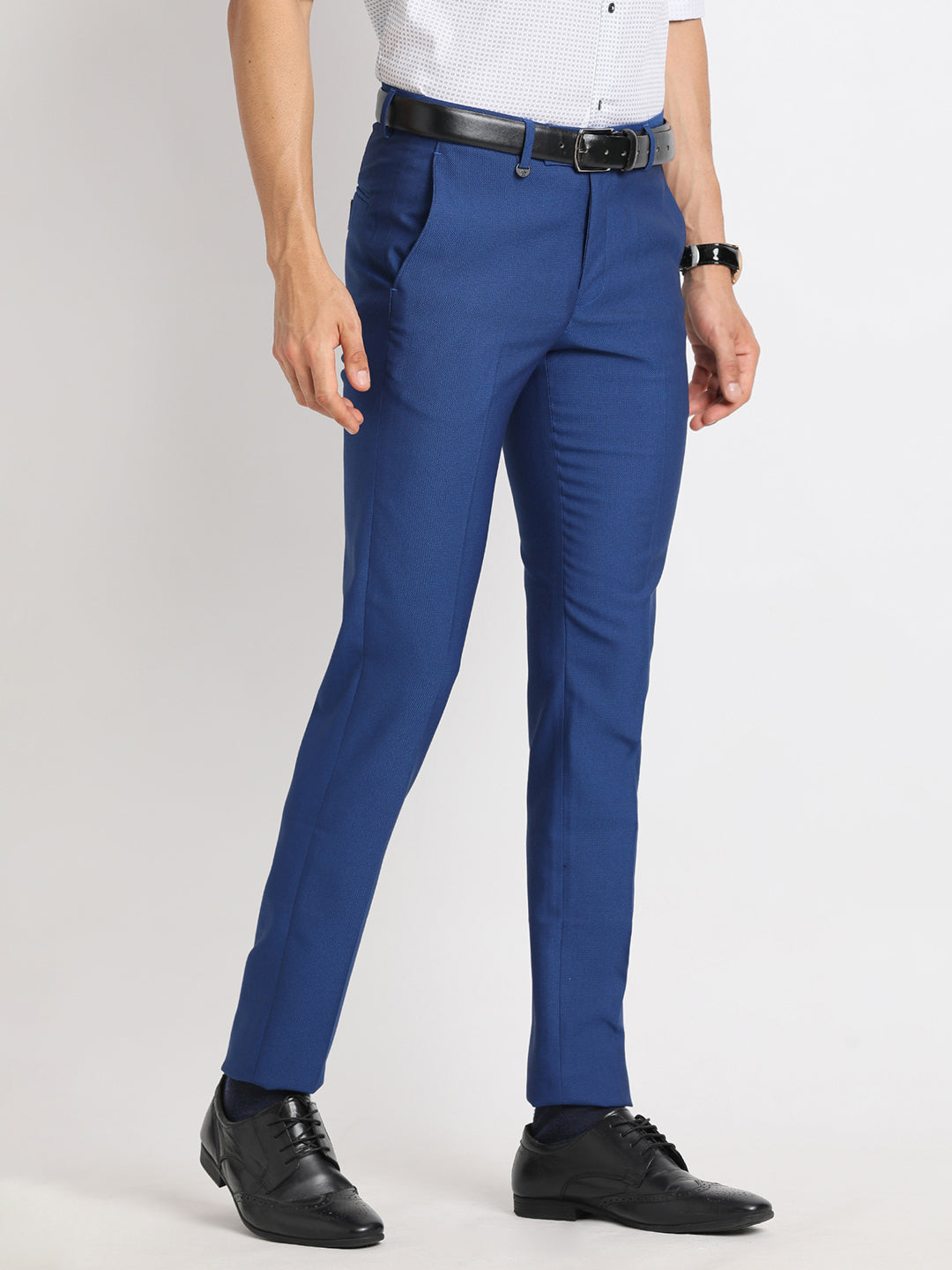 Poly Viscose Stretch Blue Dobby Ultra Slim Fit Flat Front Ceremonial Trouser