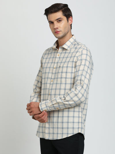 100% Cotton Beige Checkered Slim Fit Full Sleeve Casual Shirt