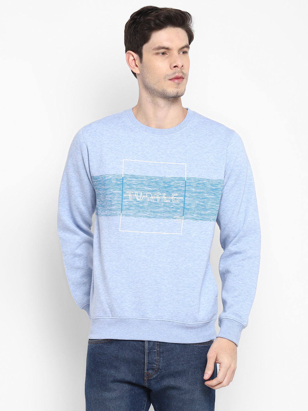 Cotton Stretch Sky Blue Plain Regular Fit Full Sleeve Casual Sweatshirt
