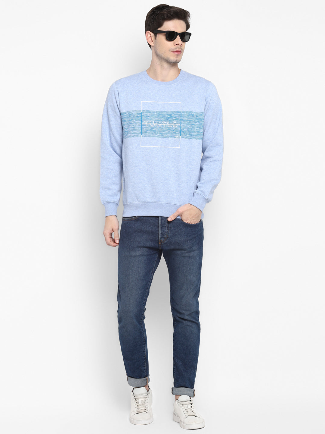 Cotton Stretch Sky Blue Plain Regular Fit Full Sleeve Casual Sweatshirt