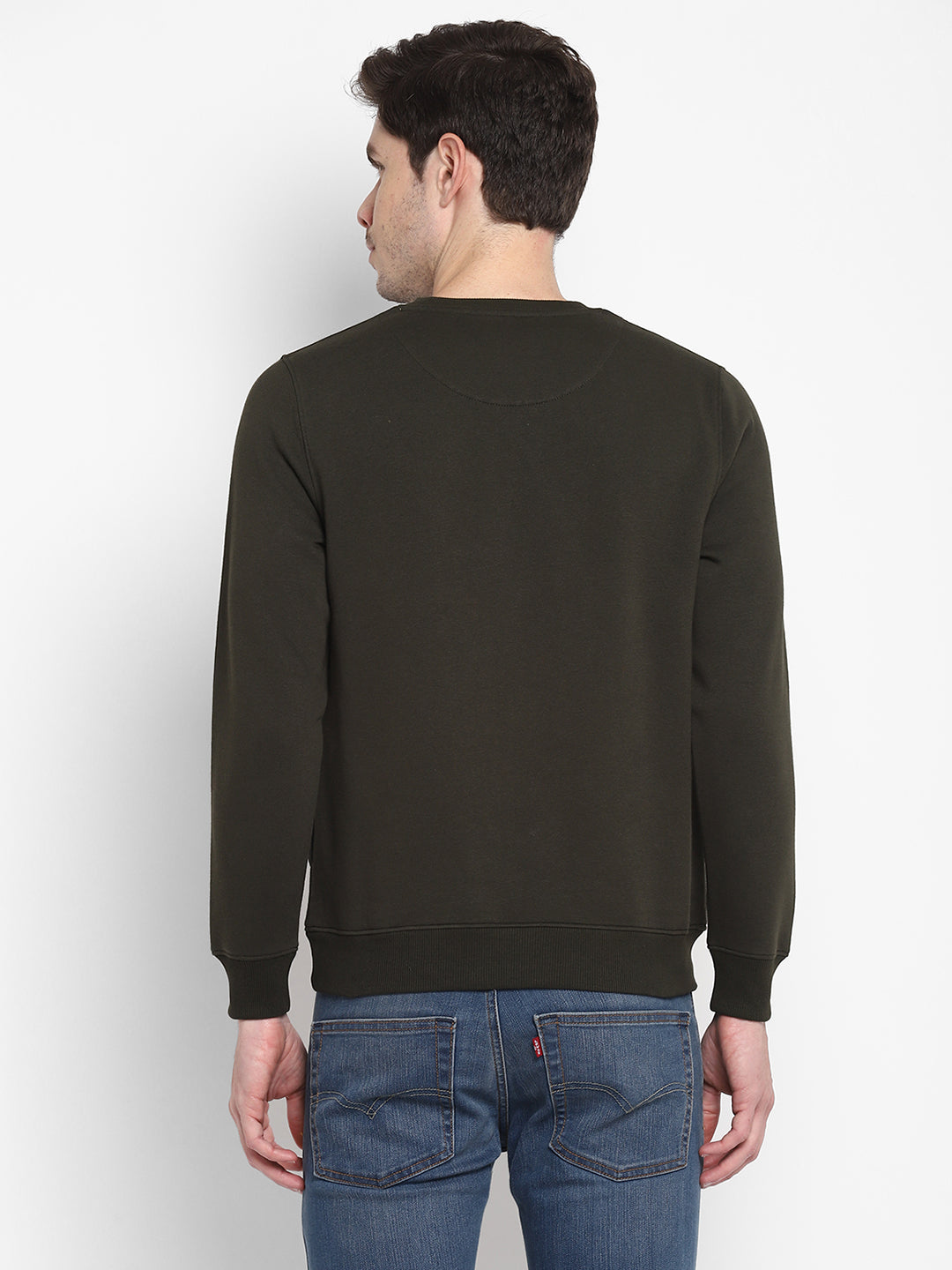 Cotton Stretch Olive Plain Regular Fit Full Sleeve Casual Sweatshirt