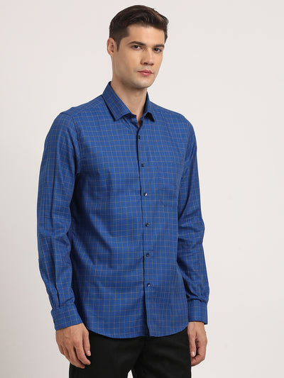 100% Cotton Blue Checkered Slim Fit Full Sleeve Formal Shirt