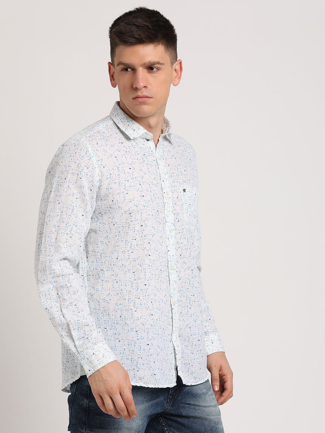 Cotton Linen White Printed Slim Fit Full Sleeve Casual Shirt