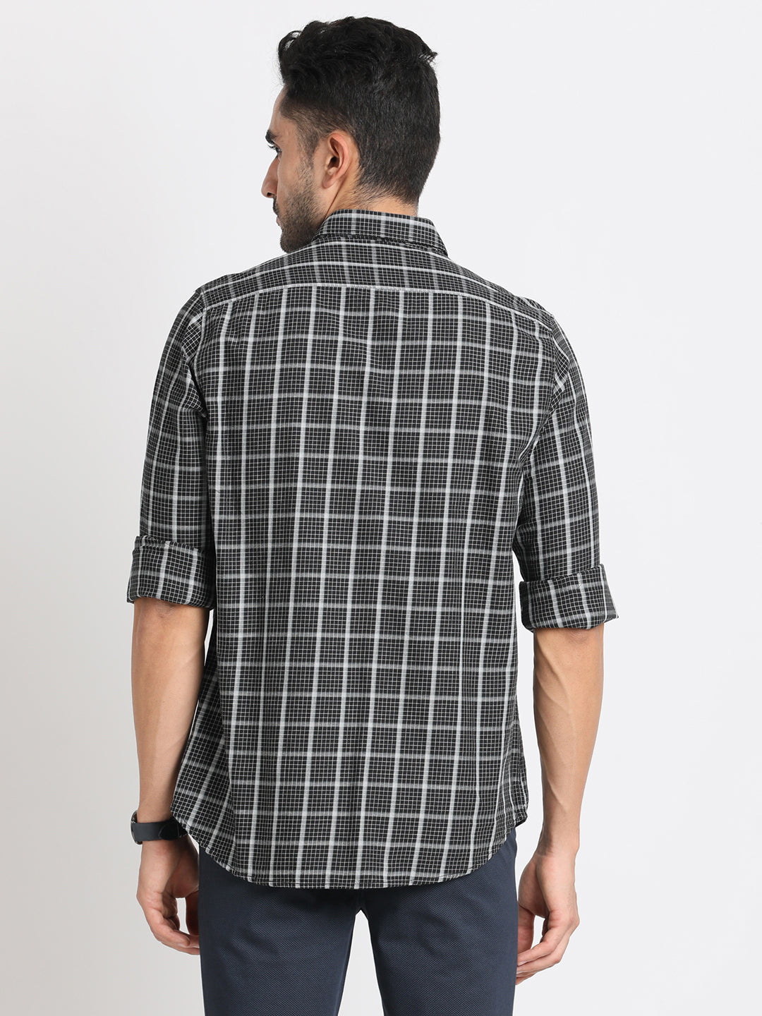 Cotton Melange Black Checkered Slim Fit Full Sleeve Casual Shirt