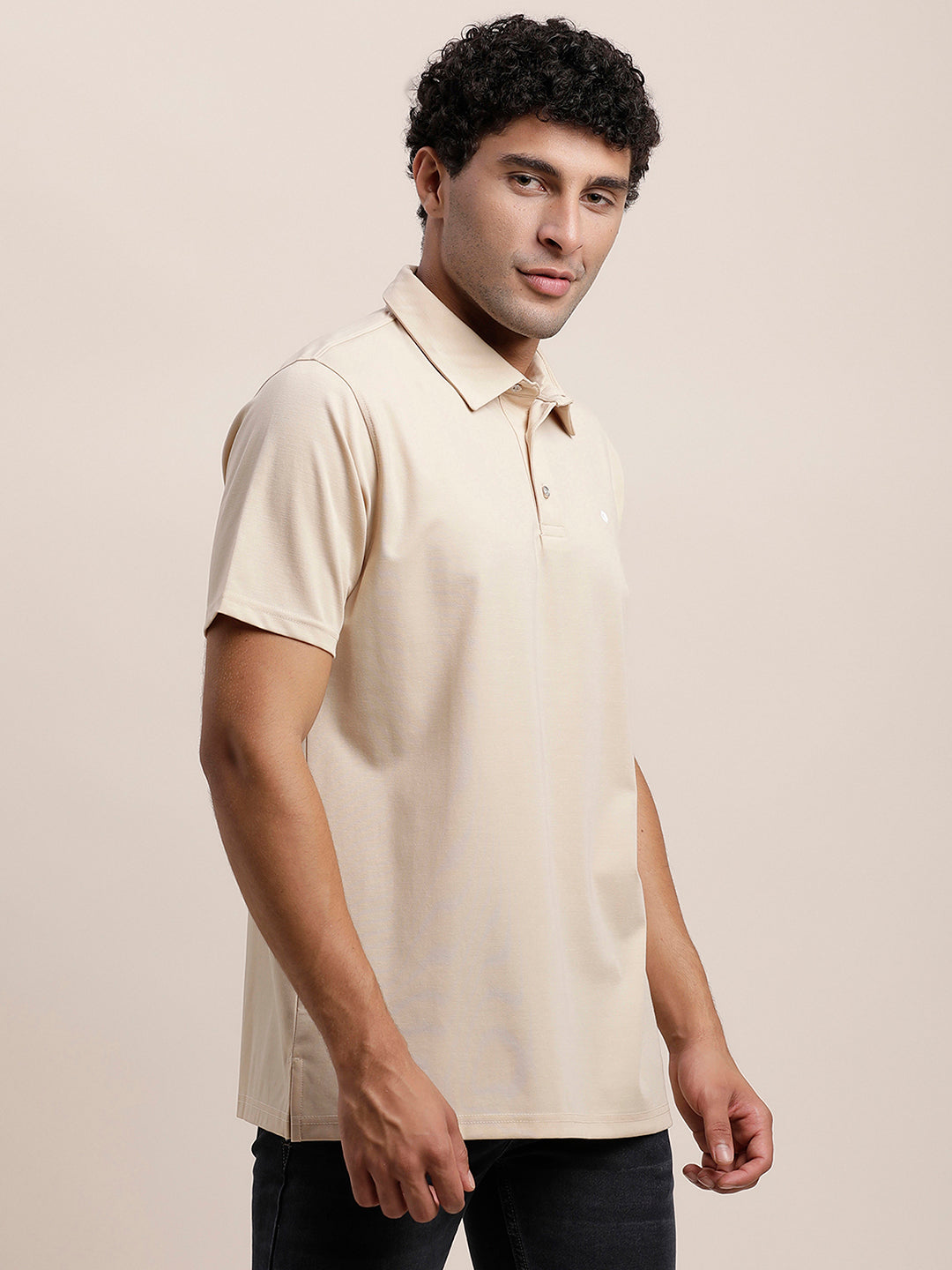 Cotton Plain Beige Polo Neck T-Shirt