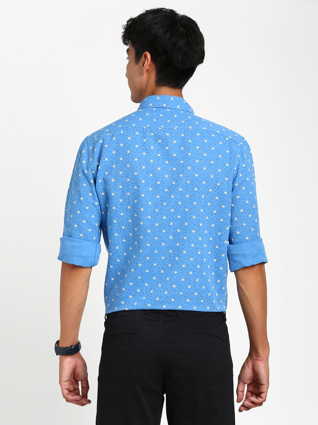 Cotton Linen Blue Printed Slim Fit Full Sleeve Casual Shirt