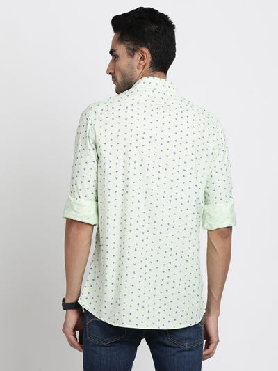 Cotton Tencel Light Green Printed Slim Fit Full Sleeve Casual Shirt