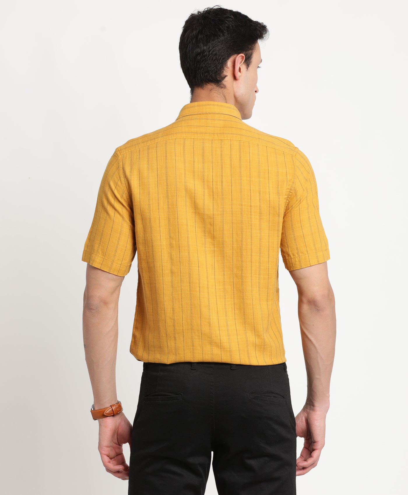 Cotton Lyocell Yellow Striped Slim Fit Half Sleeve Casual Shirt