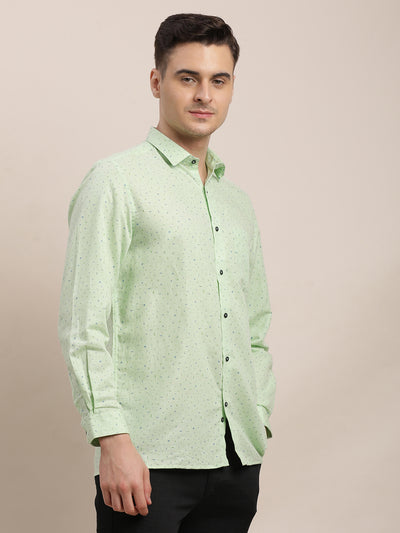 Cotton Linen Pista Green Printed Regular Fit Full Sleeve Formal Shirt