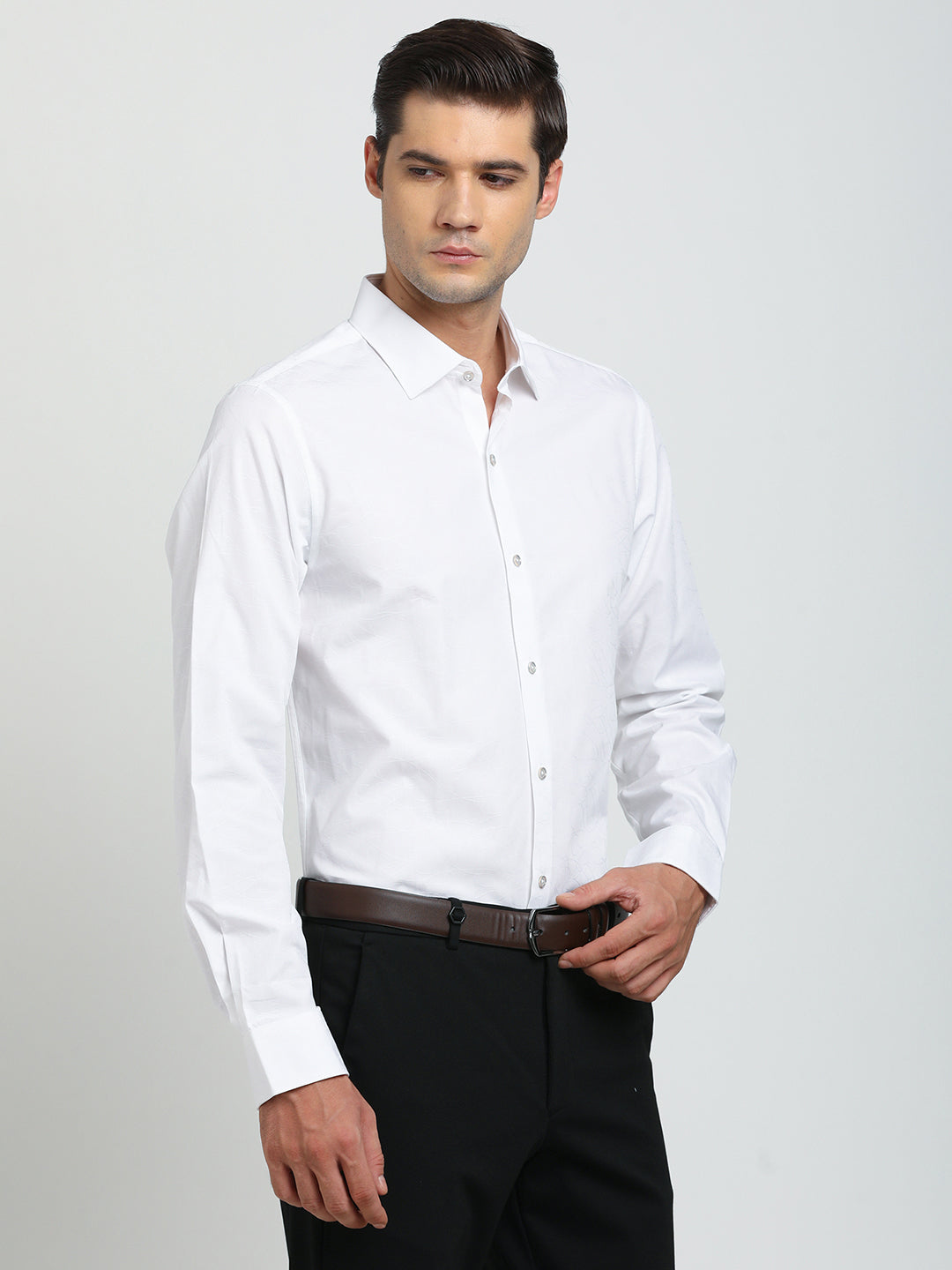 100% Cotton White Jacquard Slim Fit Full Sleeve Ceremonial Shirt