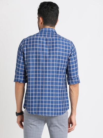 Cotton Linen Blue Checkered Slim Fit Full Sleeve Casual Shirt