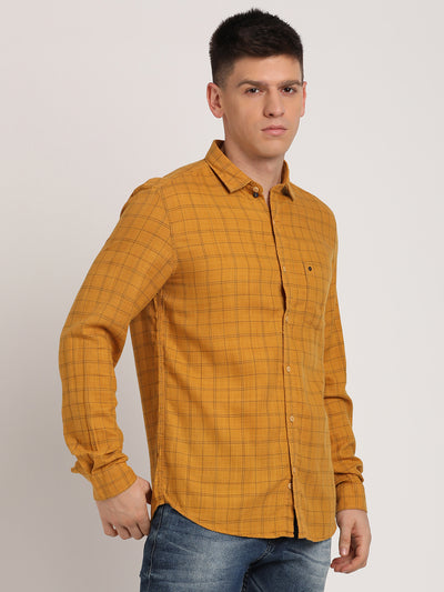 Cotton Lyocell Mustard Checkered Slim Fit Full Sleeve Casual Shirt