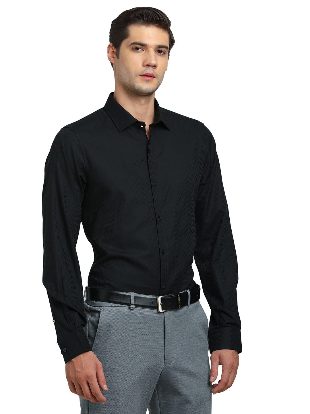 100% Cotton Black Jacquard Slim Fit Full Sleeve Ceremonial Shirt