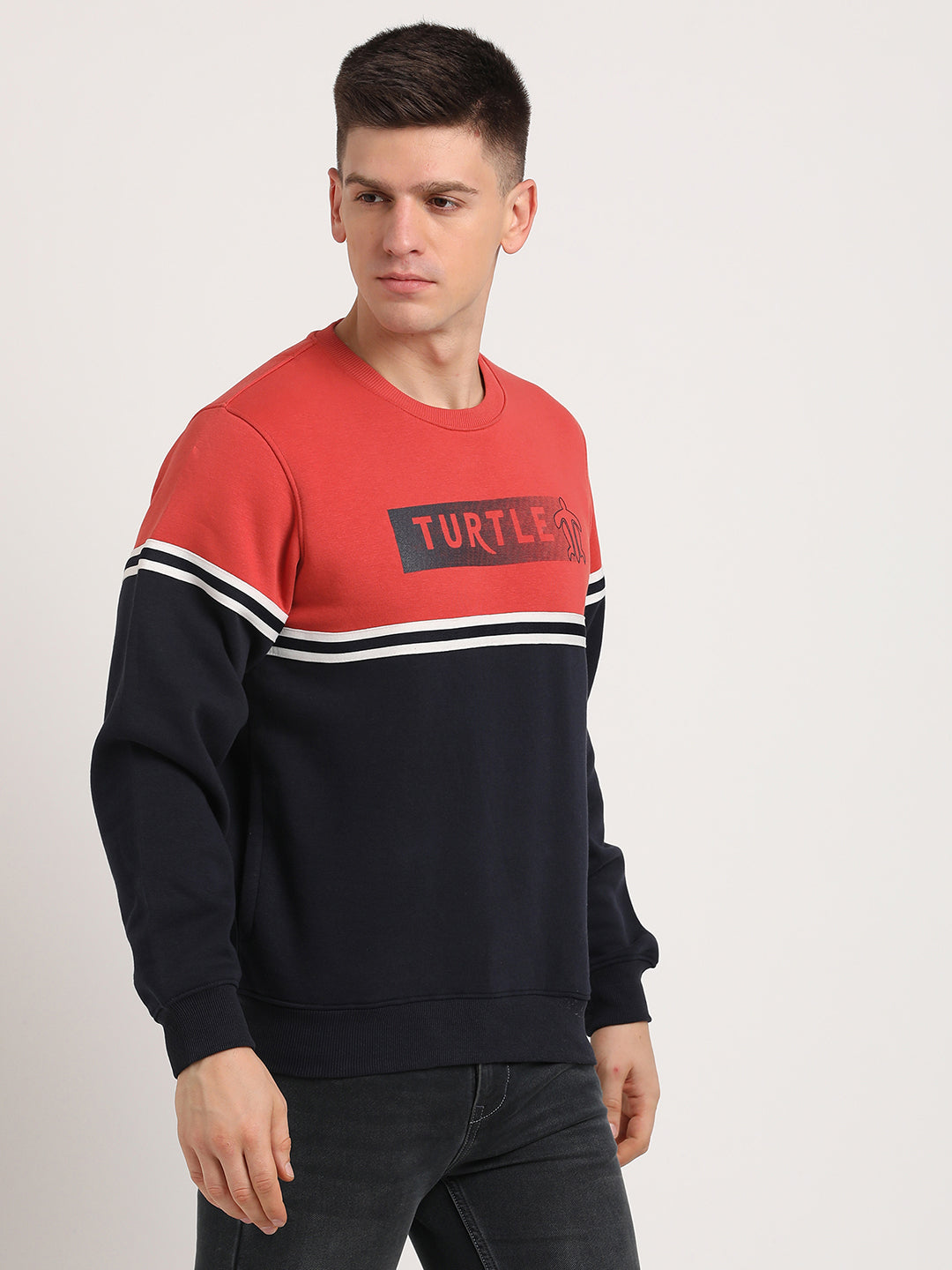 Poly Cotton Navy & Brick Red Striped Regular Fit Full Sleeve Casual Sweatshirt