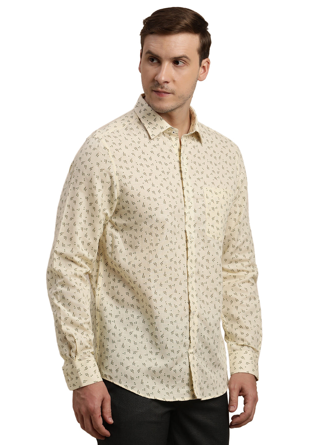 Cotton Linen Cream Printed Slim Fit Full Sleeve Formal Shirt