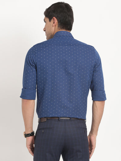 Cotton Linen Navy Blue Printed Slim Fit Full Sleeve Formal Shirt
