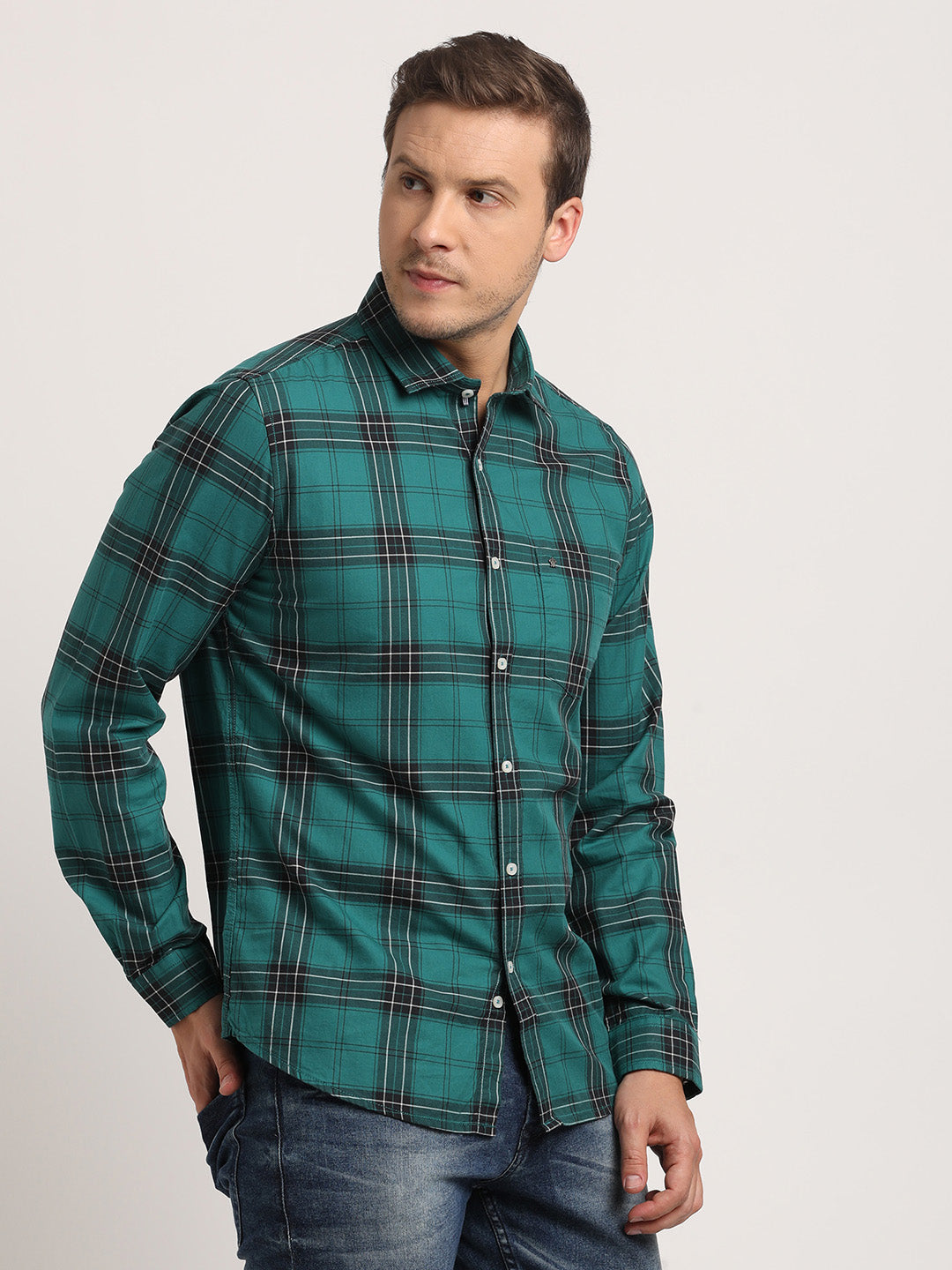 100% Cotton Green Checkered Slim Fit Full Sleeve Casual Shirt