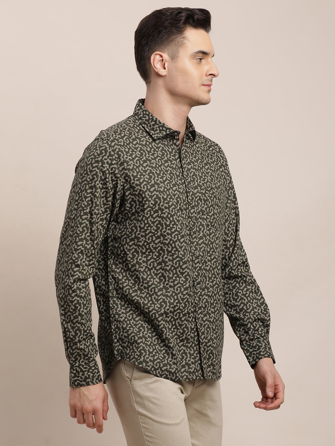 100% Cotton Dark Green Printed Slim Fit Full Sleeve Casual Shirt