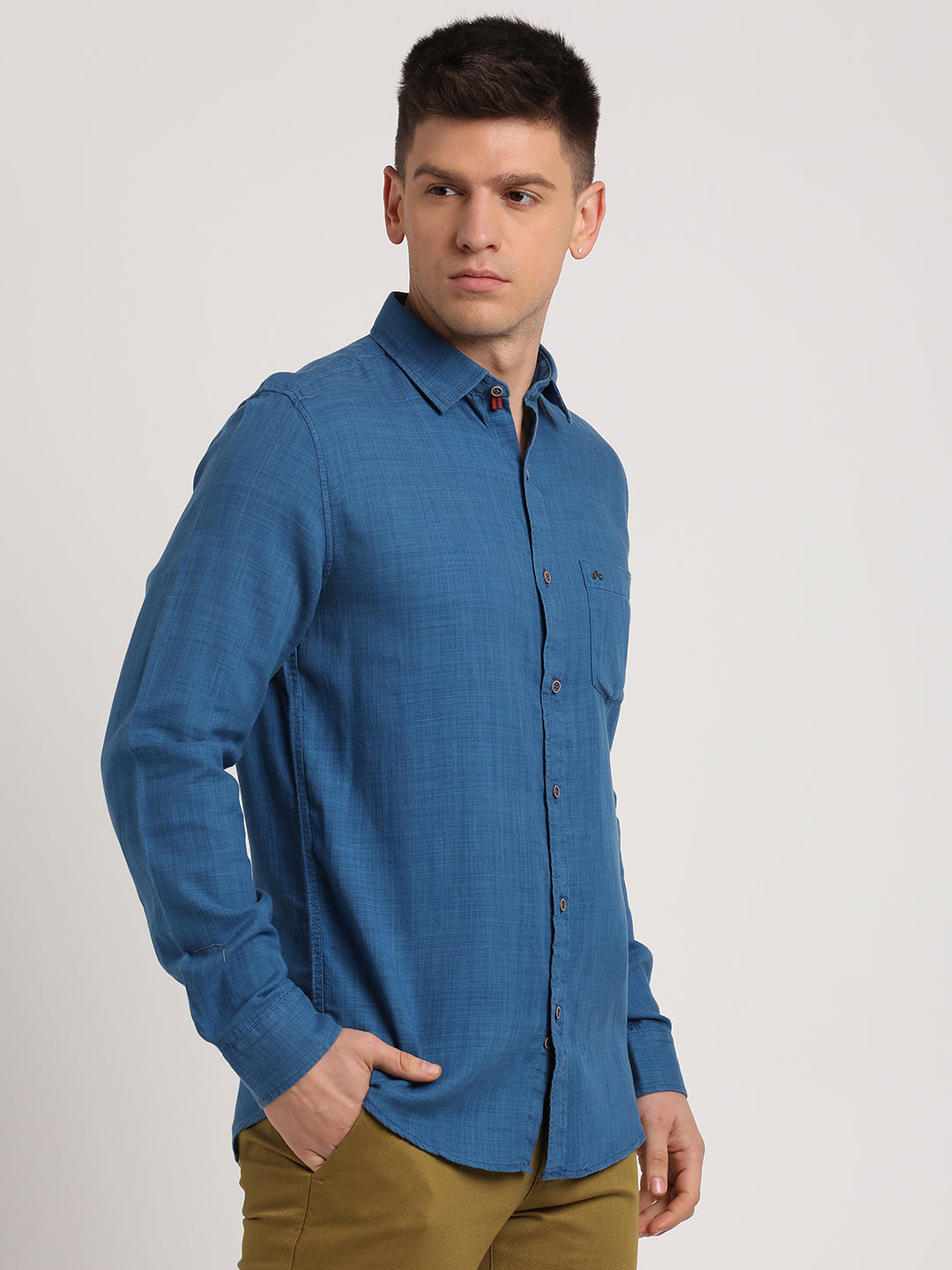 Cotton Lyocell Blue Plain Slim Fit Full Sleeve Casual Shirt