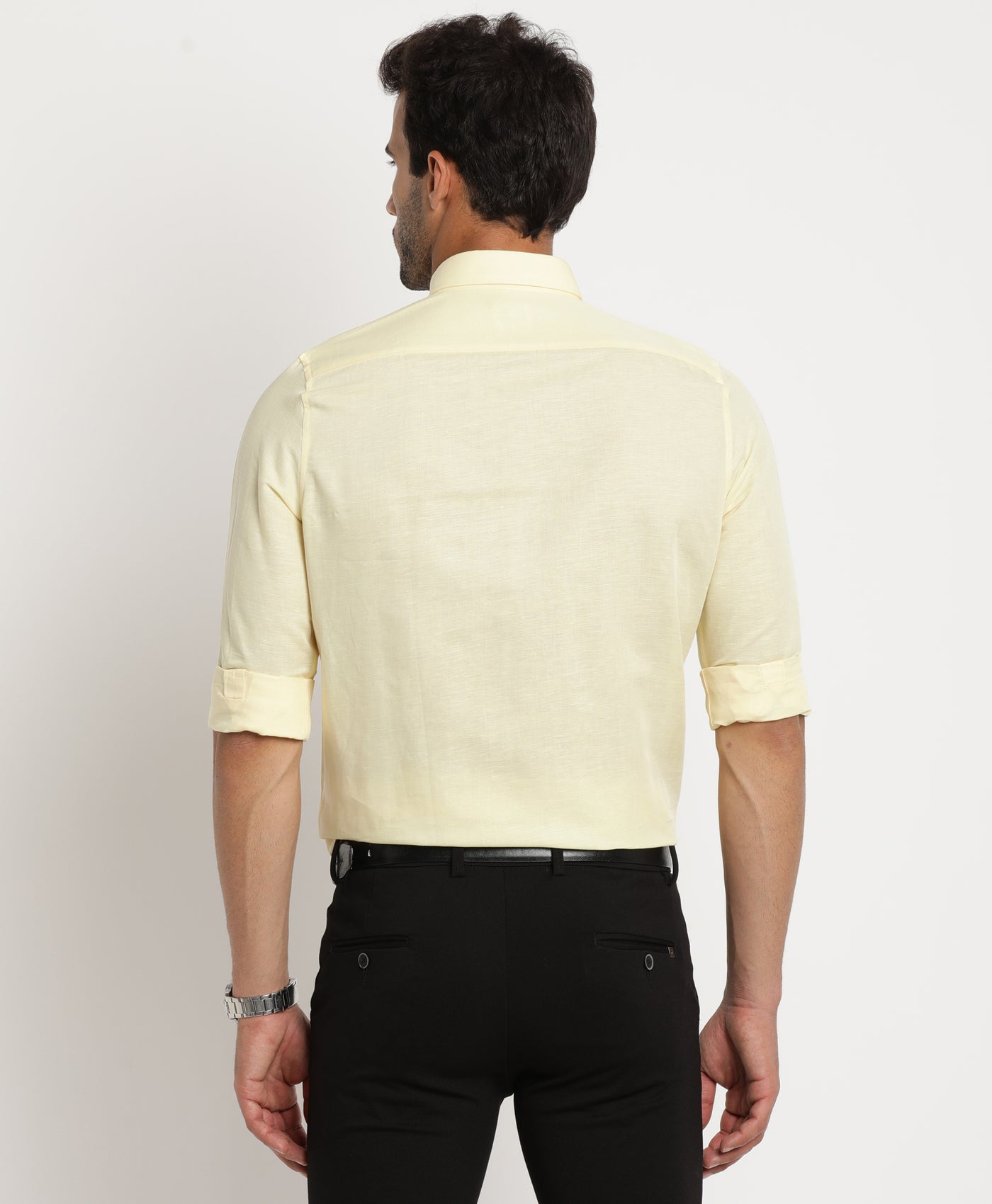 Cotton Linen Yellow Plain Regular Fit Full Sleeve Formal Shirt