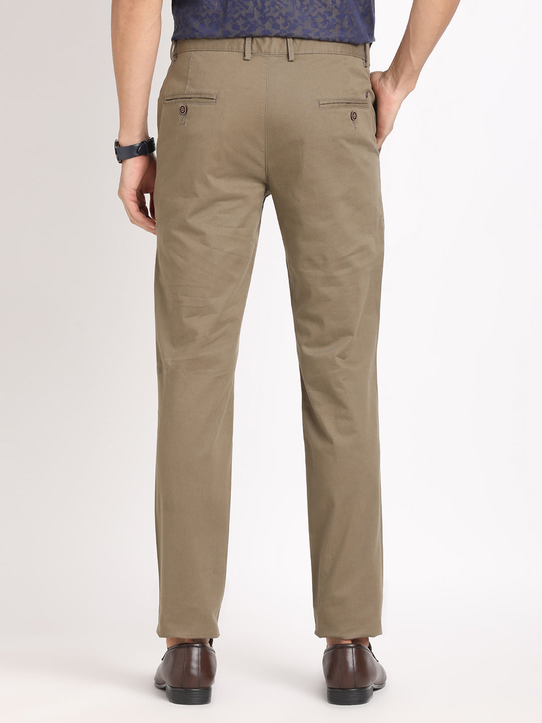 Cotton Stretch Brown Plain Ultra Slim Fit Flat Front Casual Trouser