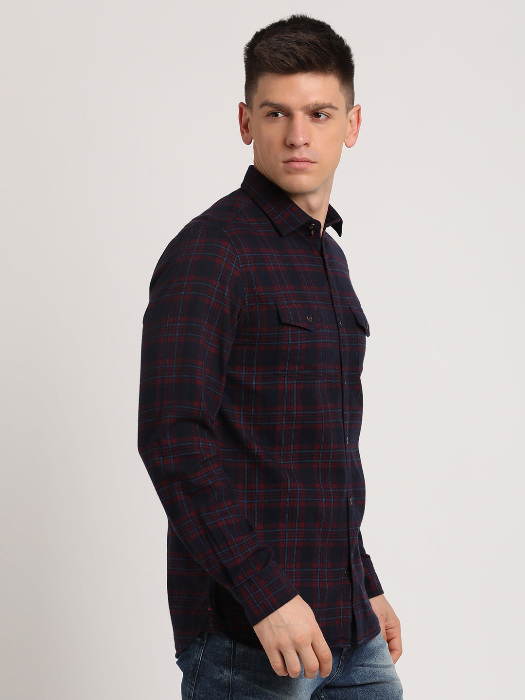 100% Cotton Dark Blue Checkered Slim Fit Full Sleeve Casual Shirt