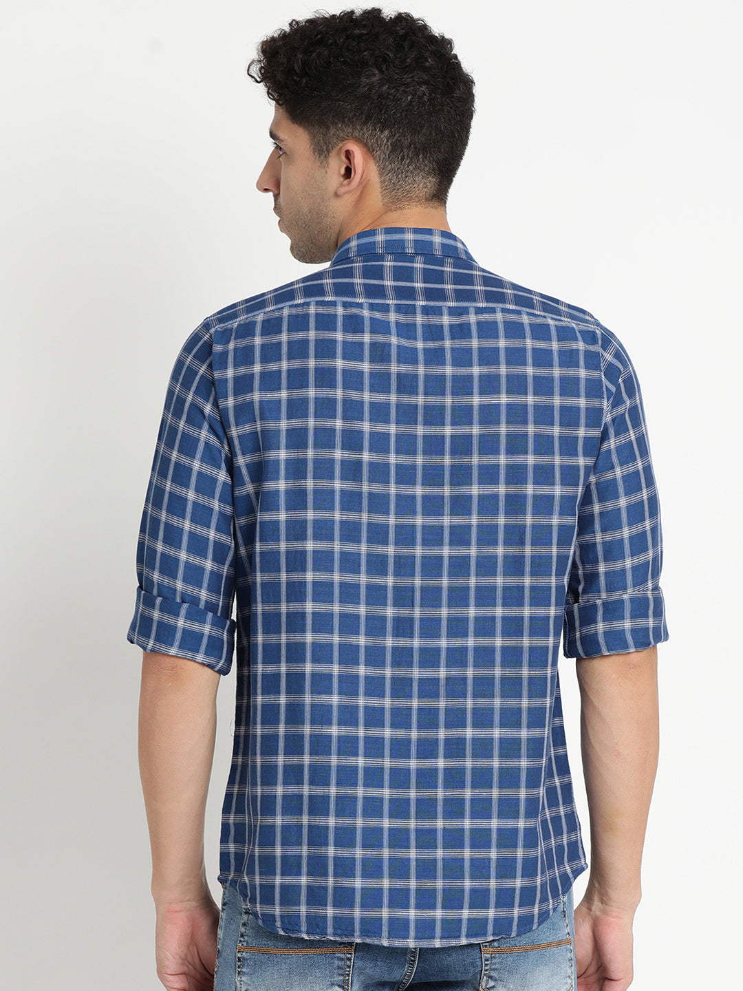 Cotton Linen Blue Checkered Slim Fit Full Sleeve Casual Shirt