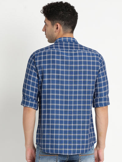 Cotton Linen Blue Checkered Slim Fit Full Sleeve Casual Shirt