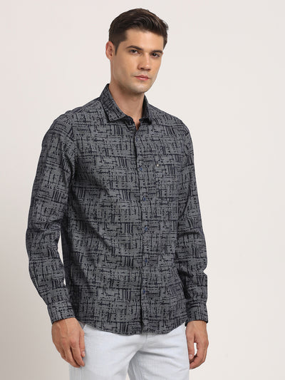 100% Cotton Navy Printed Slim Fit Full Sleeve Casual Shirt