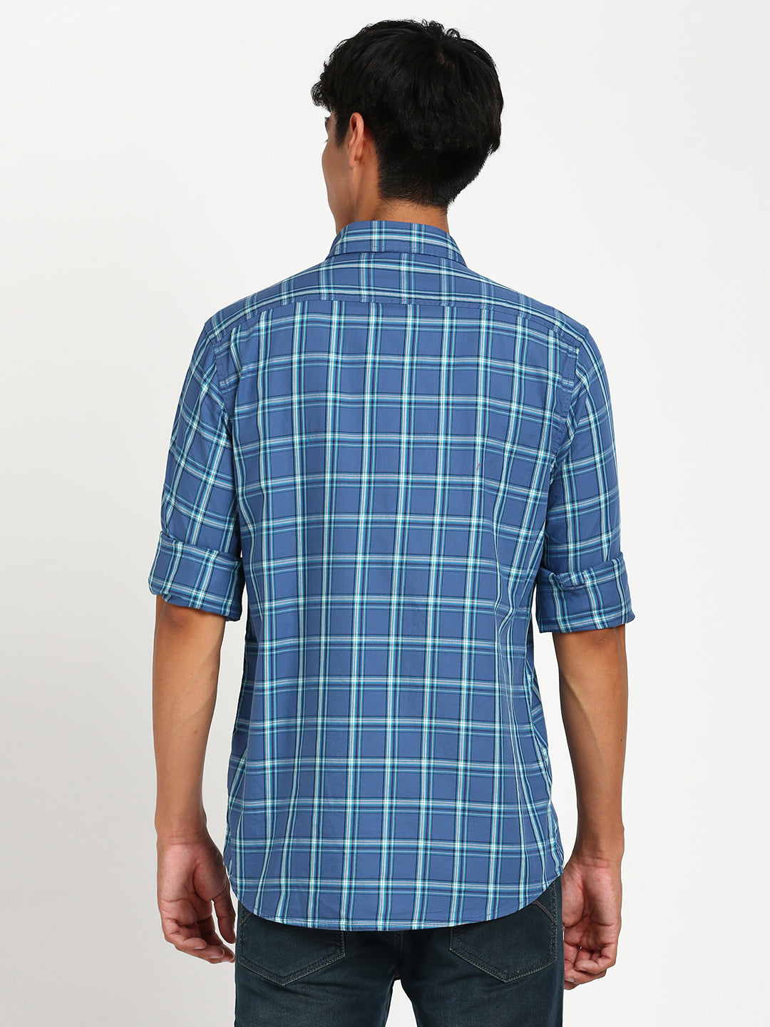 100% Cotton Blue Checkered Slim Fit Full Sleeve Casual Shirt