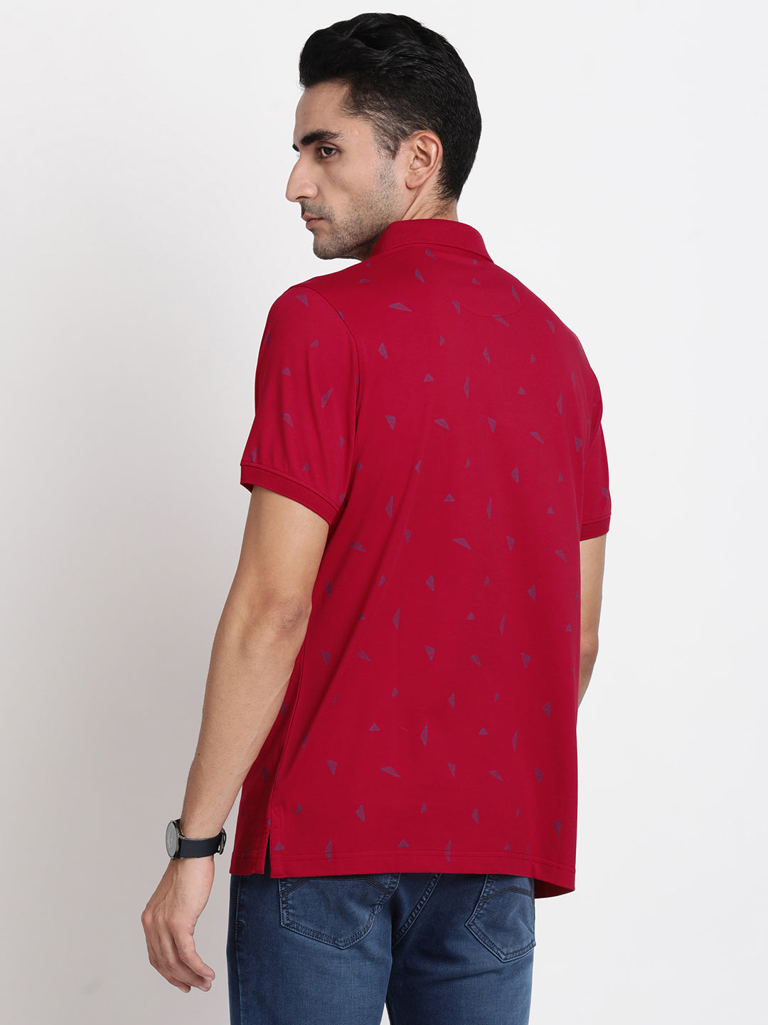 Cotton Stretch Red Printed Polo Neck Half Sleeve Casual T-Shirt