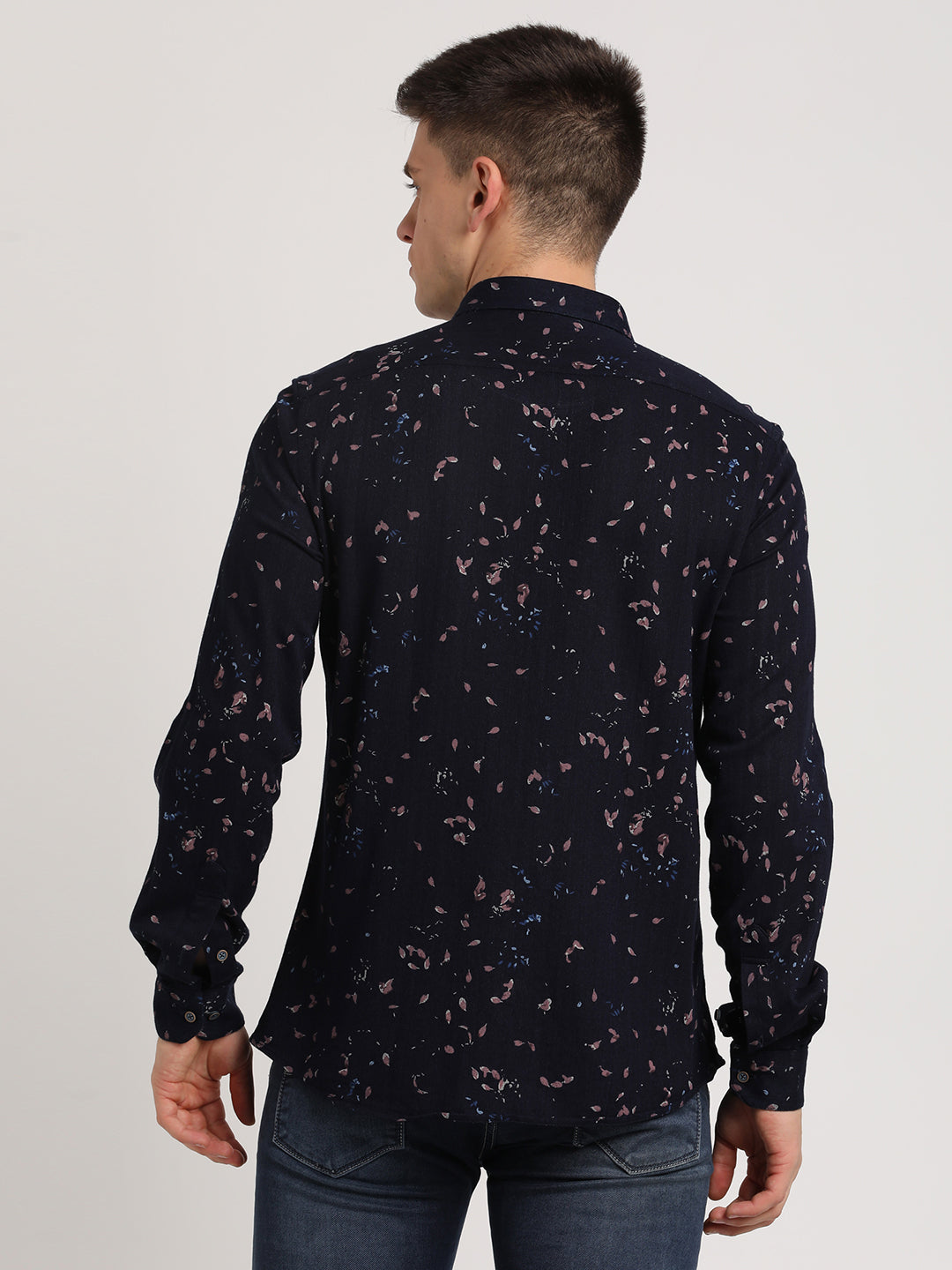 100% Cotton Navy Blue Printed Slim Fit Full Sleeve Casual Shirt