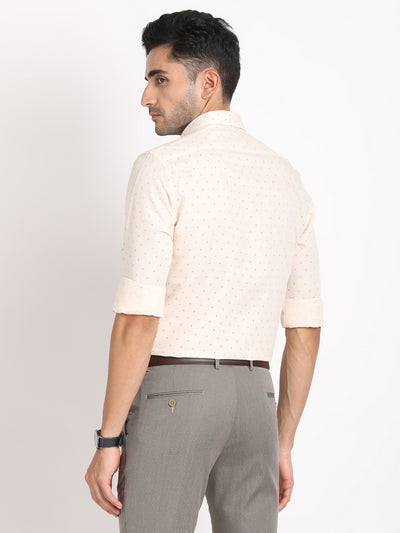 Cotton Linen Beige Printed Slim Fit Full Sleeve Formal Shirt