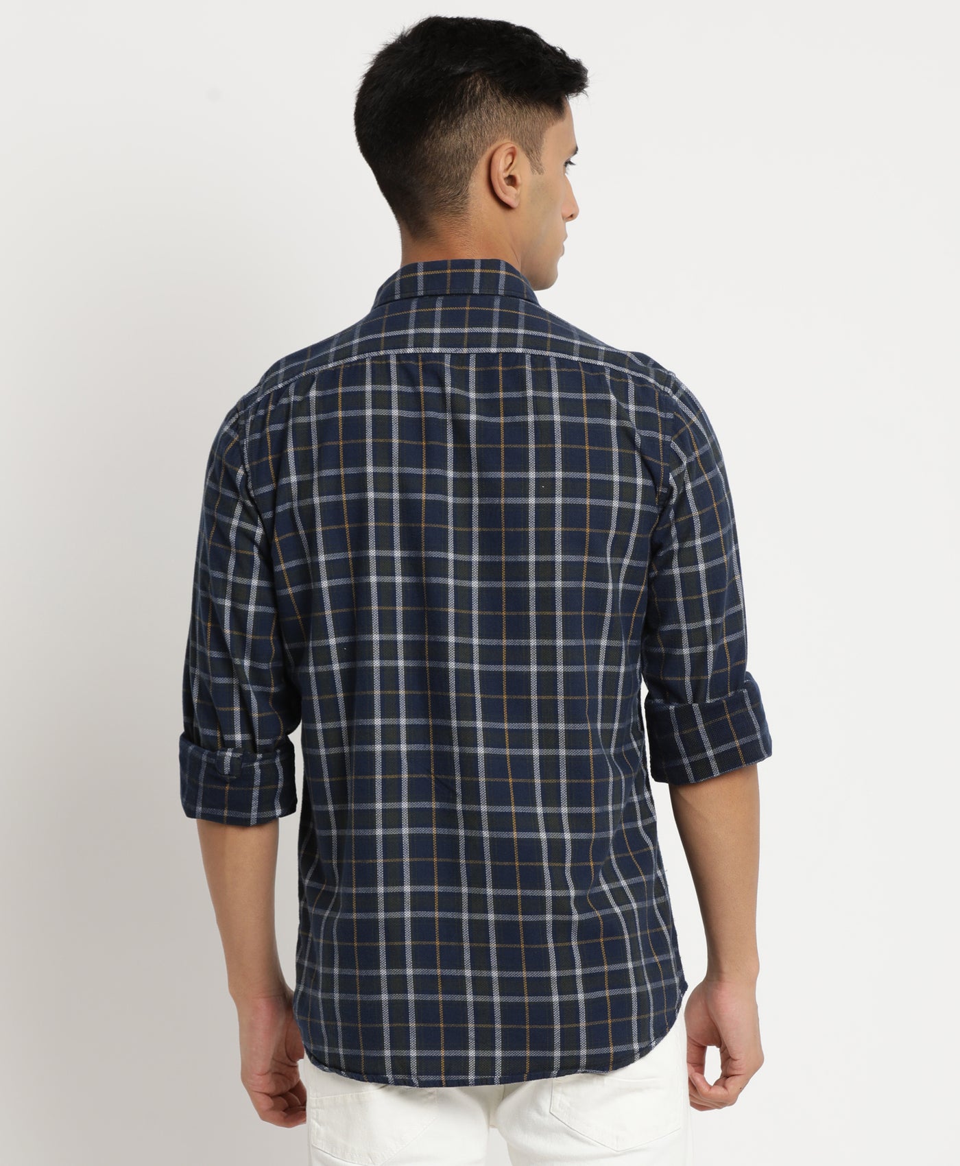 Cord Navy Blue Checkered Slim Fit Full Sleeve Casual Shirt