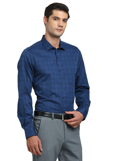 100% Cotton Navy Blue Checkered Slim Fit Full Sleeve Formal Shirt