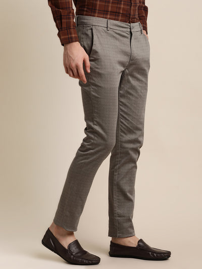 Cotton Stretch Brown Printed Narrow Fit Flat Front Casual Trouser