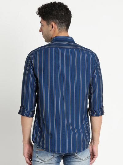 100% Cotton Navy Blue Striped Slim Fit Full Sleeve Casual Shirt