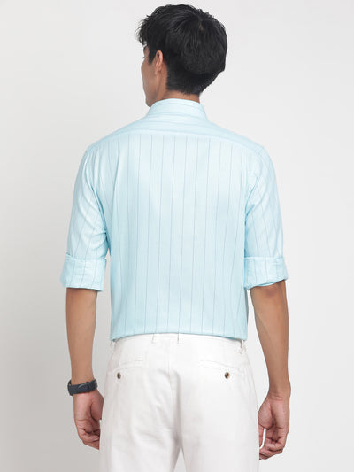 100% Cotton Aqua Blue Striped Regular Fit Full Sleeve Formal Shirt