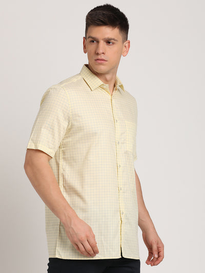 100% Cotton Cream Checkered Regular Fit Half Sleeve Formal Shirt