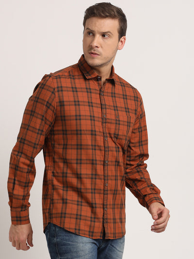 100% Cotton Orange Checkered Slim Fit Full Sleeve Casual Shirt