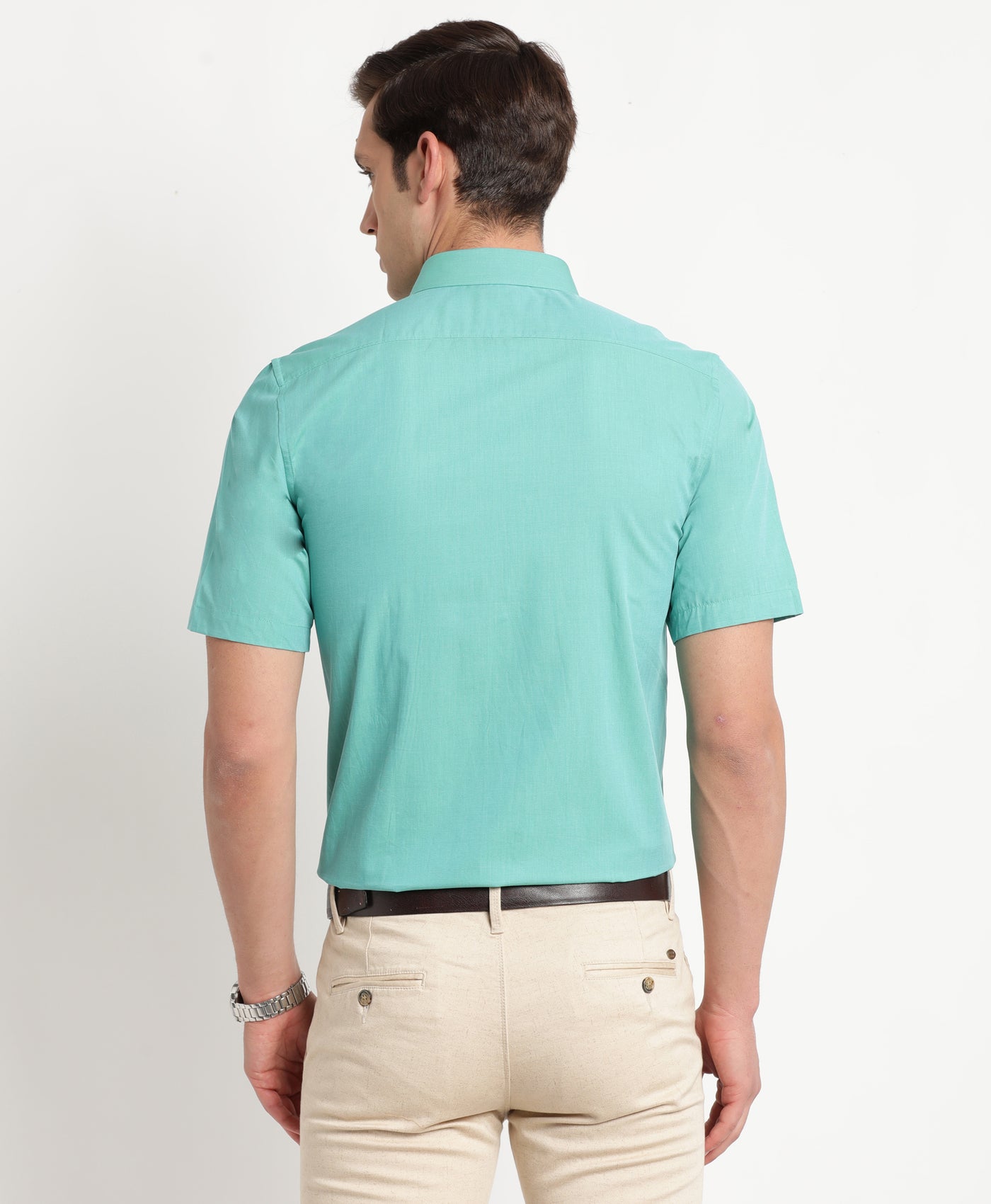 100% Cotton Dark Green Plain Regular Fit Half Sleeve Formal Shirt