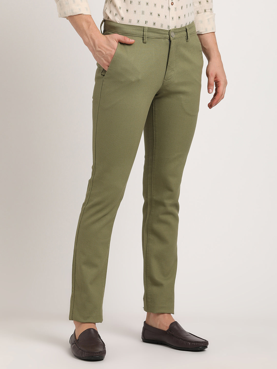 Cotton Stretch Olive Dobby Ultra Slim Fit Flat Front Casual Trouser