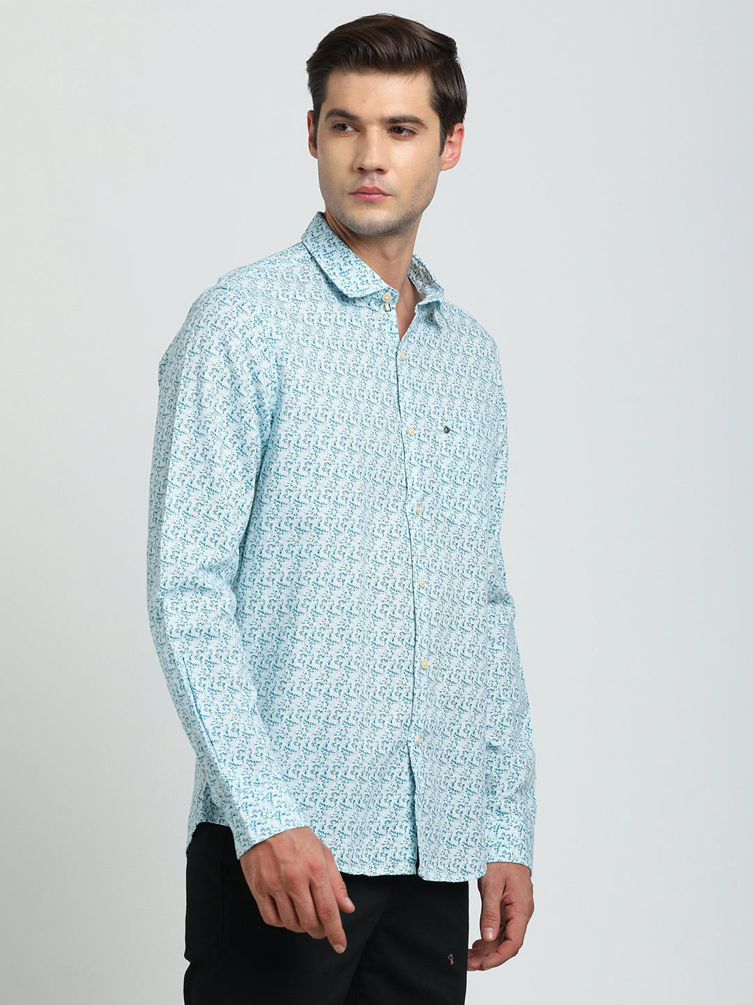 Cotton Linen Sea Blue Printed Slim Fit Full Sleeve Casual Shirt